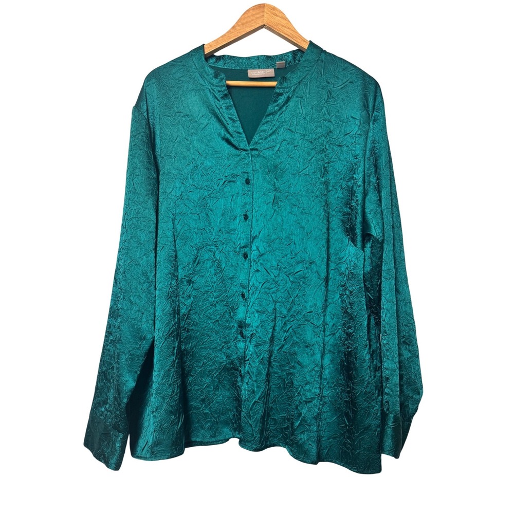 Croft & Barrow Womens 2X Teal Green Crinkle‎ Texture Button Front Blouse Stretch